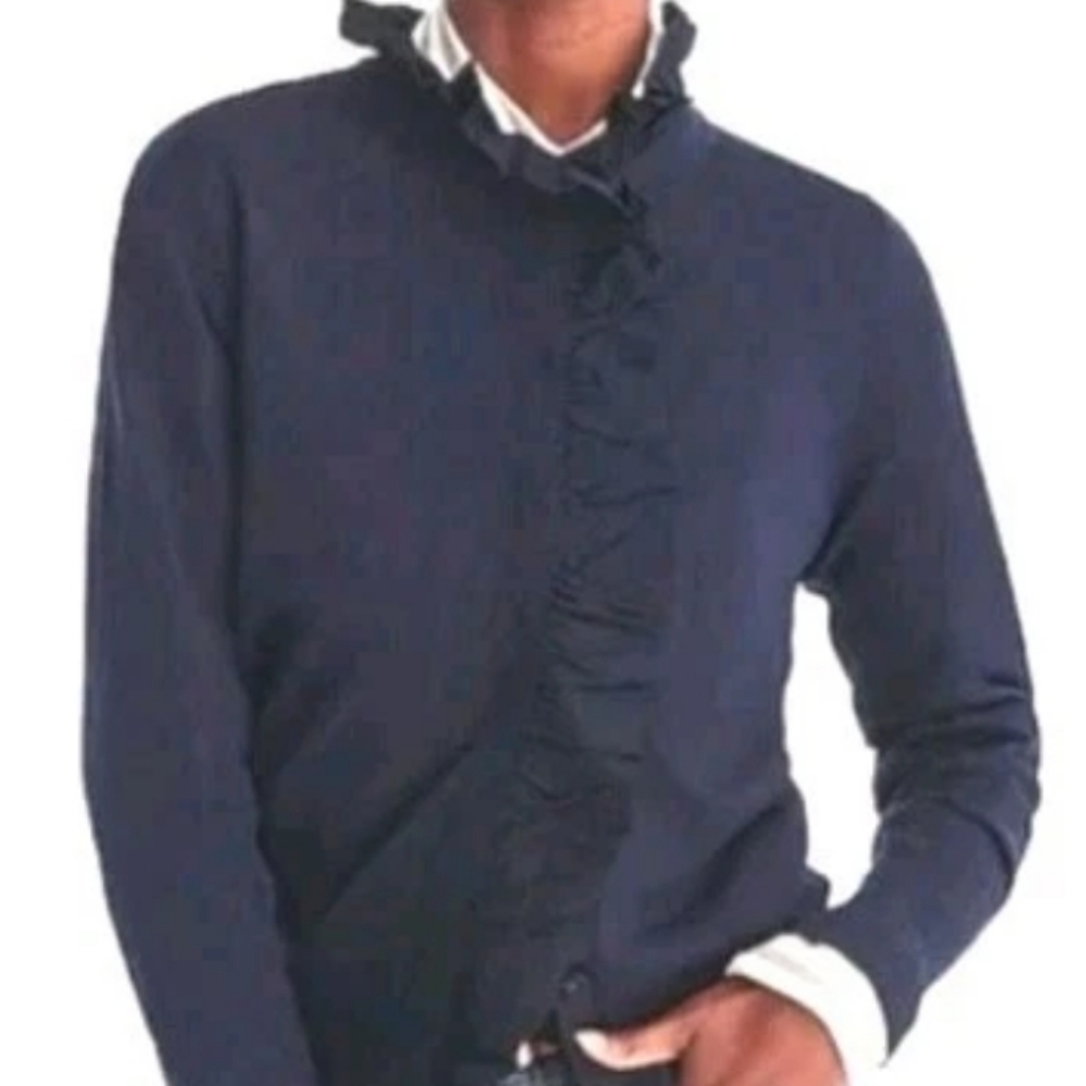 J Crew Merino Wool Ruffled Mockneck Cardigan Fitted Sweater Slim Large Navy Nwt - Picture 2 of 16